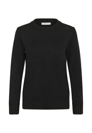 Black long-sleeve knitted sweater with ribbed crew neck, cuffs, and hem, displayed on a white background.