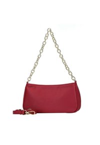 Borsa a spalla in pelle rossa con una texture liscia, dotata di una catena d'oro e di una tracolla removibile per opzioni di trasporto versatili.
