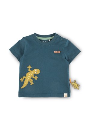 Teal cotton T-shirt with a yellow lizard applique on the front, short sleeves, and green accents on the collar. Includes a small lizard tag.