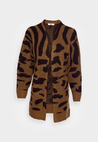 Brun öppen cardigan med svart abstrakt djurmönster och ribbade muddar och fåll.