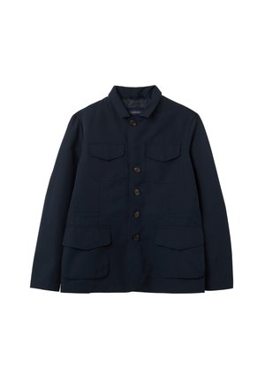 Navy blue button-up jacket with four front pockets, two chest flap pockets, and a spread collar, laid flat on a white background.