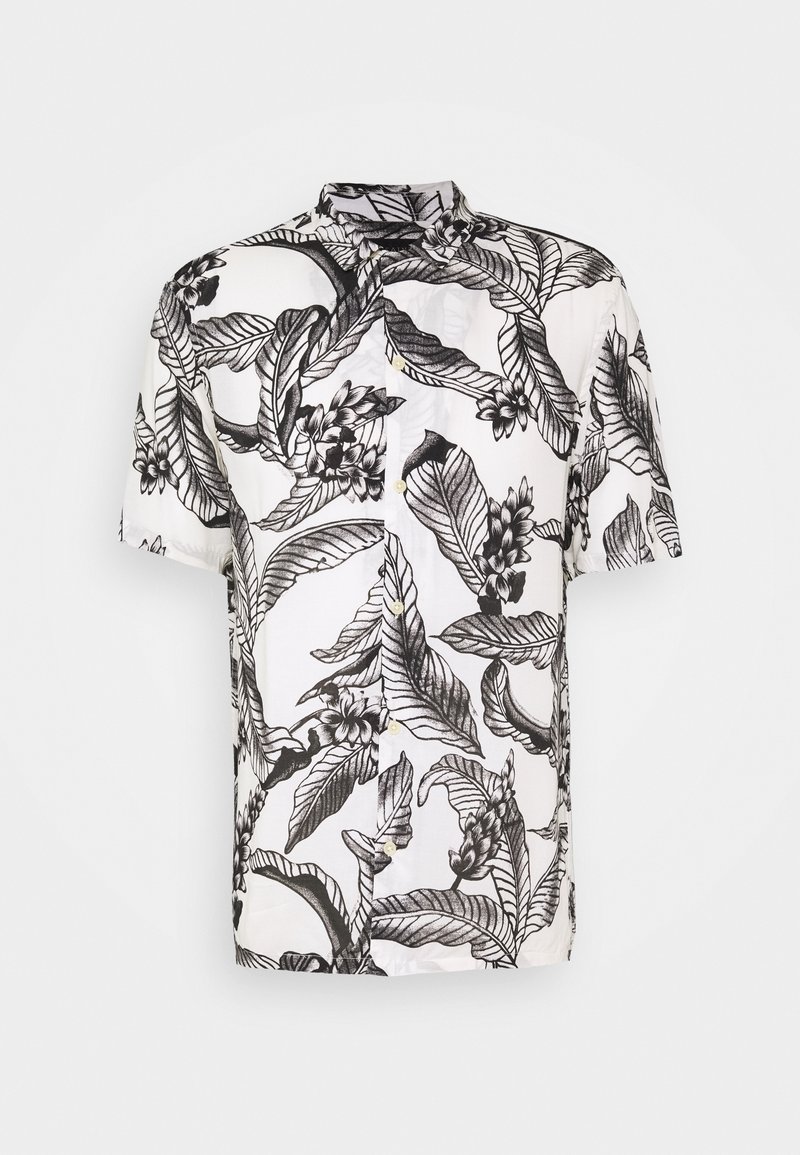 Camicia a maniche corte bianca con un motivo floreale e foglioso nero. Presenta un colletto rigido e chiusura con bottoni frontali. Tessuto leggero.