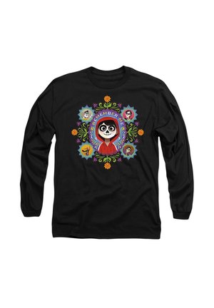 Schwarzes Langarmshirt mit einem bunten Grafikdesign, das den Text "Remember Me", ein Skelett und florale Motive in verschiedenen lebhaften Farben zeigt.