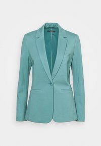 Turquoise blazer made from smooth fabric, featuring a notch lapel, single button closure, and two front pockets with straight cut sleeves.