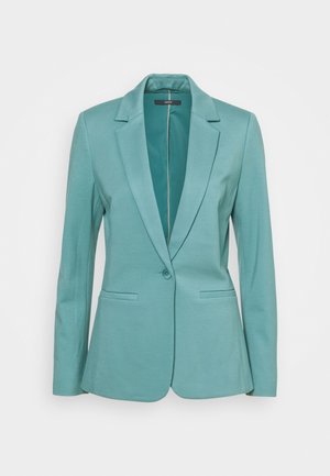 Turquoise blazer gemaakt van gladde stof, met een klepboord, enkele knoopsluiting en twee voorzakken, voorzien van rechte mouwen.