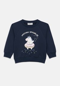 Σκούρο μπλε φούτερ για παιδιά με ένα χαμογελαστό μονόκερο μέσα σε ένα ρόδινο γλασαρισμένο ντόνατ και το κείμενο «Unicorn Sprinkles» από πάνω.