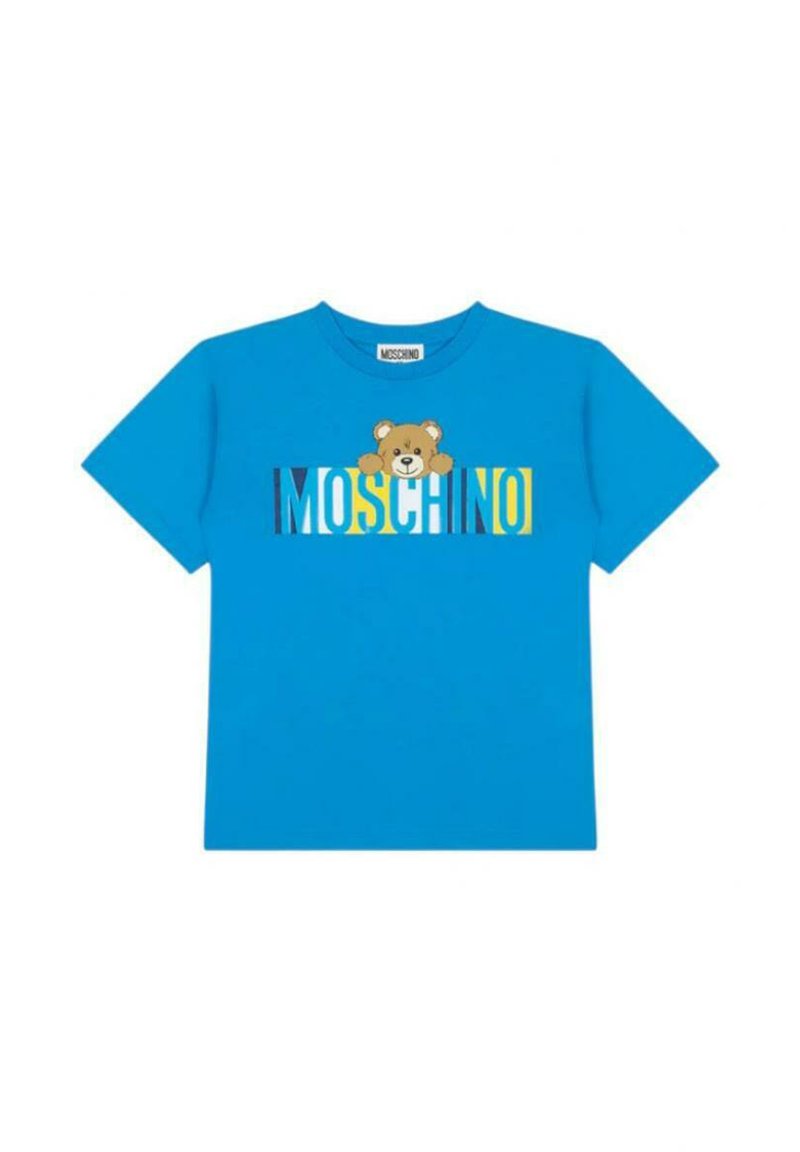 Modrá bavlněná tričko s potiskem medvídka a nápisem "MOSCHINO". Krátké rukávy, kulatý výstřih a hladká textura ve vysoce kontrastních barvách.