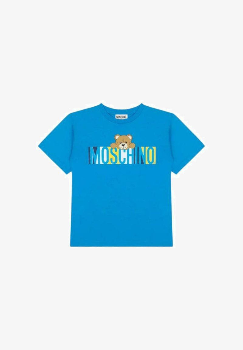 Modrá bavlněná tričko s potiskem medvídka a nápisem "MOSCHINO". Krátké rukávy, kulatý výstřih a hladká textura ve vysoce kontrastních barvách.