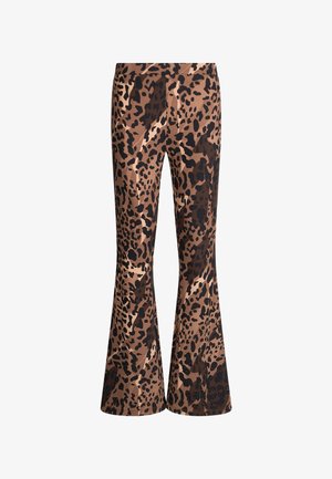 Leopardenmuster Flared Leggings in Braun- und Schwarztönen. Glatte Textur mit dehnbarem Stoff, ausgestattet mit einem hohen Bund für zusätzlichen Komfort.