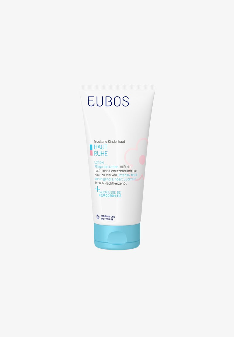 EUBOS lotion tube with a white body and a blue cap. Features pink flower graphic and blue text. Designed for dry children's skin relief.