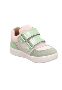 Velcro-Sneaker in rosa, grün und grauen Tönen. Mit einem gepolsterten Kragen, strukturierten Wildleder- und Lederoberflächen sowie einer Gummisohle.