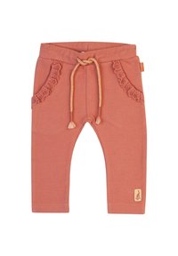 Ljus korallfärgade bomullsbukser med dragsko i midjan, fickor med spetskant och en liten emblem vid fållen. Slät struktur och figurnära passform.