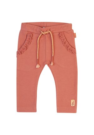 Helle Korallenbaumwollhosen mit Kordelzugbund, mit Spitze besetzten Taschen und einem kleinen Emblem am Saum. Glatte Textur und taillierte Form.