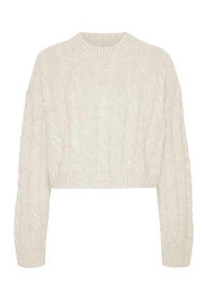 Roomkleurige cropped kabelgebreide trui met een ronde halslijn en lange mouwen, voorzien van gestructureerde patronen langs het lichaam en de mouwen.