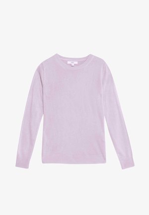 Jasnoróżowy sweter z okrągłym dekoltem wykonany z miękkiej tkaniny. Posiada długie rękawy oraz ściągacze przy mankietach i dolnym brzegu. Prosty, nieozdobiony design.