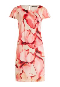 Blumenkleid in hellbeige mit einem Wasserfarben-Blumenmuster in Pink und Rot. Mit Rundhalsausschnitt und kurzen Ärmeln. Detail mit Schlüsselloch hinten.