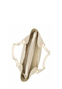 Sac en cuir beige avec deux poignées, ouvert en haut, et un compartiment intérieur zippé divisant la section principale en deux.