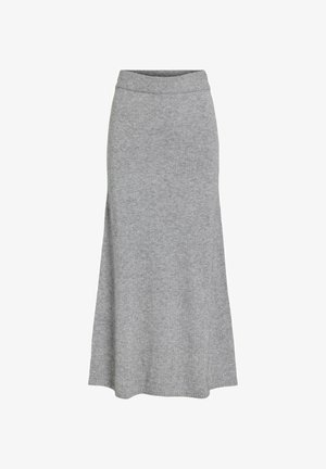 Jupe maxi tricotée grise avec une large taille et une silhouette évasée, faite en tissu doux et texturé. Design minimaliste sans accents visibles.