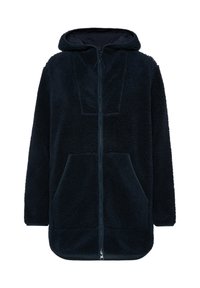 Mörkblå fleecehoodie med en texturerad yta, framsida med dragkedja, huva med snörning och två sidofickor. Har en avslappnad passform och mjukt foder.
