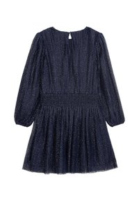 Marineblaues Kleid mit langen Ärmeln, gerafftem Oberteil und Tüllstoff mit silbernen Punkten. Schlüsselloch-Rücken-Design.