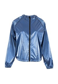 Blauwe metallic capuchonjack met een rits aan de voorkant, elastische manchetten en een lichtgewicht, glanzende stoffen afwerking. Kenmerkt zich door contrasterende zwarte stiksels.