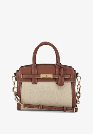 Ruskea synteettisestä nahasta valmistettu käsilaukku beige teksturoidulla kankaalla. Varusteena on kaksinkertaiset kahvat, irrotettava ketjuolkain ja kultaiset yksityiskohdat.