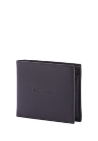 Portafogli in pelle nera con texture liscia, design pieghevole e logo impresso. Presenta slot per carte e un compartimento aperto per il denaro.