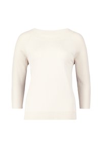 Cremfarbener gerippter Strickpullover mit Dreiviertelärmeln, weit rundem Ausschnitt und tailliertem Schnitt. Die weiche Textur erhöht den Tragekomfort.