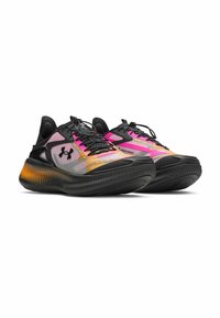 Black athletic shoes featuring a colorful mesh upper with pink, orange, and yellow accents, and a textured black sole for grip.