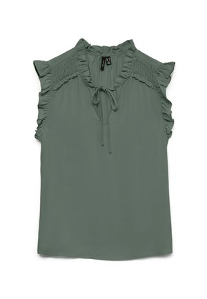 Brezrokavna majica s senčno zelenim ovratnikom in rameni, z zavezovanjem spredaj na izrezu in nabranim detajlom na zgornjem delu prsnega koša.