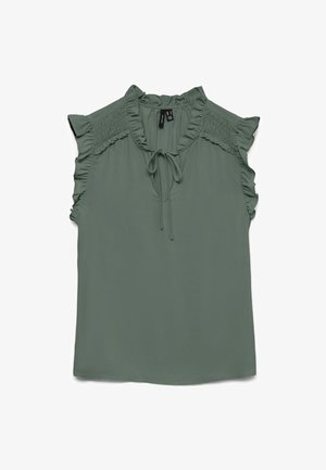 Brezrokavna majica s senčno zelenim ovratnikom in rameni, z zavezovanjem spredaj na izrezu in nabranim detajlom na zgornjem delu prsnega koša.