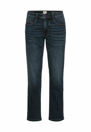 Donkerblauwe denim jeans met een relaxed fit, voorzien van vijf zakken, een knoop- en ritsluiting, en contrasterende stiksels langs de naden.