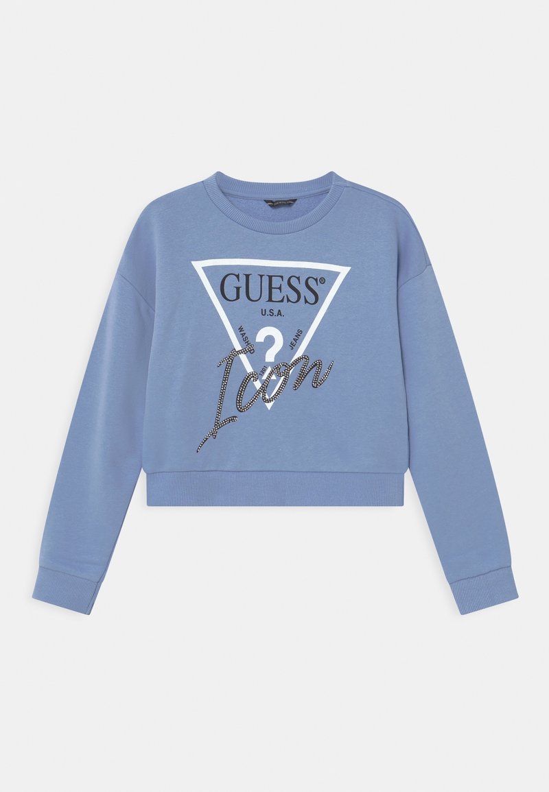 Sweat-shirt court à manches longues bleu avec le logo triangle "GUESS U.S.A." et le texte "Icon" sur le devant.