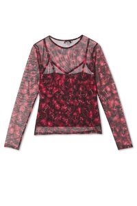 Langärmliges, durchsichtiges Oberteil mit einem roten Kirschmuster, rundem Ausschnitt und dezenten Trägerakzenten. Weiches, leichtes Material mit einer taillierten Silhouette.