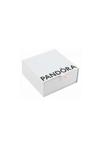 Weißes rechteckiges Kästchen mit glatter Oberfläche, auf dem sich oberhalb das schwarze Logo "PANDORA" sowie eine rosa Zugschlaufe befindet.