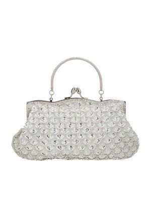 Pochette de soirée blanche ornée de perles, avec un motif festonné, un cadre argenté et une poignée supérieure unique avec un fermoir à pression.