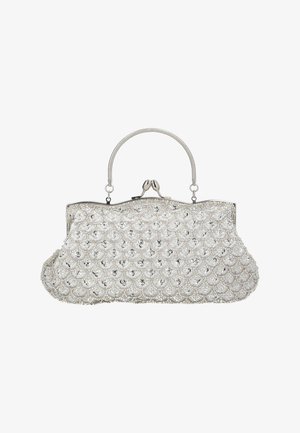 Borsa da sera bianca con perline e motivo smerlato, struttura in argento e manico superiore singolo con chiusura a scatto.