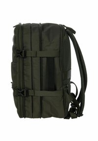 Zaino verde scuro con design imbottito, numerosi scomparti con zip, spallacci regolabili e texture di tessuto durevole.