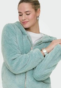 Fuzzy mint green zip-up jacket with a hood and plush texture; features a metallic zipper and soft, oversized sleeves.
