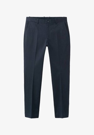 Formele marineblauwe broek met voorplooien, zijzakken, riemlussen en een knoopsluiting in de taille.