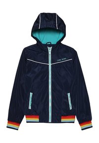 Navy blue hooded jacket with turquoise zipper and lining, white trim, "CARS JEANS" logo, and rainbow-striped cuffs and waistband.