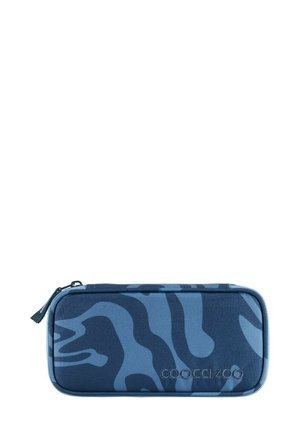 Blue pencil case with a camouflage pattern. Made of durable fabric, featuring a zipper closure and a small handle, with embossed logo detail.