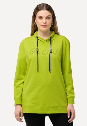 Felpa con cappuccio verde lime, con la scritta "GLOW", maniche lunghe, cordini neri e grigi, caratterizzata da una vestibilità rilassata e una texture morbida.