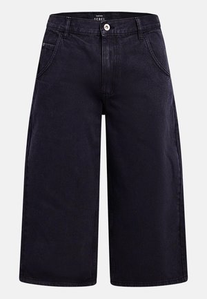 Μαύρο τζιν σορτς με φαρδιά πόδια, εμπρόσθιο κουμπί, φερμουάρ, θηλιές για ζώνη και δύο εμπρόσθιες τσέπες.