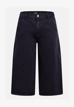 Μαύρο τζιν σορτς με φαρδιά πόδια, εμπρόσθιο κουμπί, φερμουάρ, θηλιές για ζώνη και δύο εμπρόσθιες τσέπες.