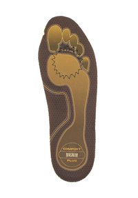 Bruine voetvormige inlegzool met een textuur oppervlak, gele stiksels die de voetcontouren omlijsten, gemarkeerd met "Comfort Magnum Plus." Rond ontwerp voor de teen en hiel.
