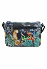 Schwarze Leder-Crossbody-Tasche mit buntem Blumen- und Leopardenmuster, einem Reißverschlussfach und einem verstellbaren Riemen.