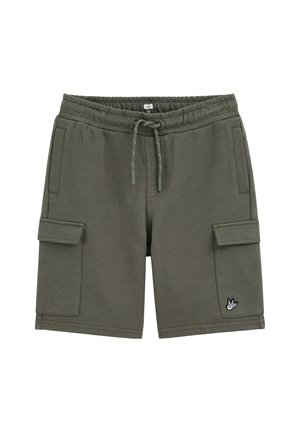 Kinder olivgrüne Cargoshorts mit elastischem Tunnelzugbund, Seitentaschen mit Klappen und kleinem Hand-Logo am rechten Bein.
