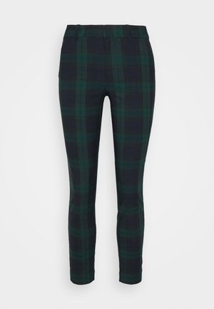 Wąskie spodnie do kostek z zielonym i granatowym wzorem tartan i szlufkami na pasek.