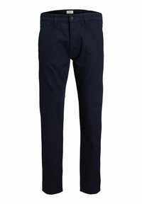 Tamno plave pamučne chinos hlače s ravnim nogavicama, koje imaju dugme i zatvarač, petlje za remen i glatku teksturu.